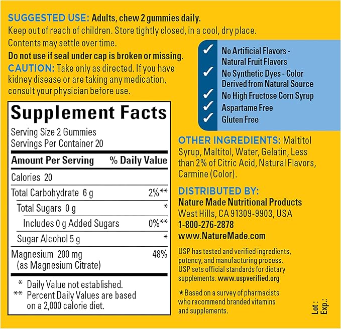 Nature Made Zero Sugar Magnesium Citrate Gummies 200 Mg Per Serving, Muscle & Bone Support, Aspartame Free, 40 Sugar Free High Absorption Magnesium Gummies, 20 Day Supply