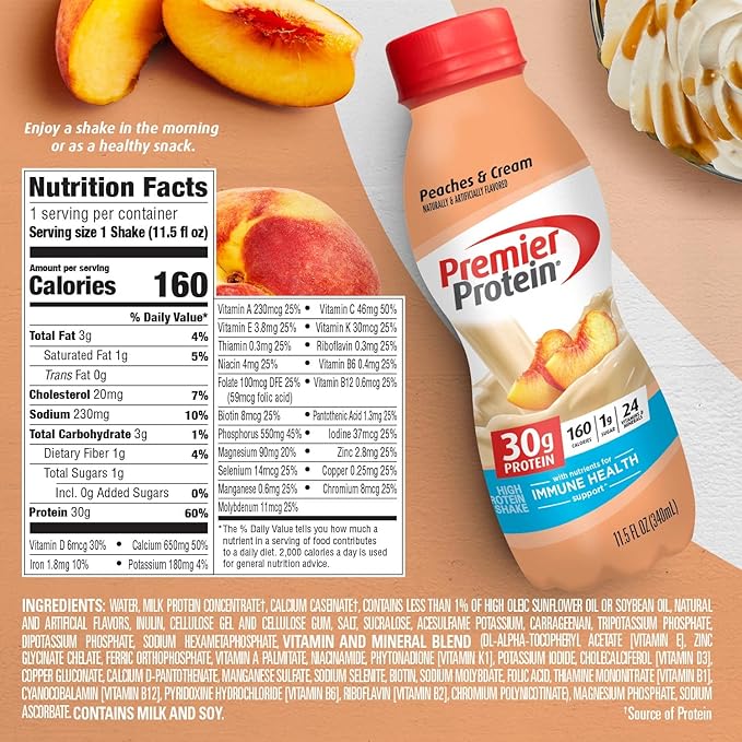 Premier Protein Shake,Peaches & Cream,30g Protein,No Added Sugar,24 Vitamins & Minerals to Support Immune Health,11.5 fl oz (Packaging May Vary),(Pack of 24)