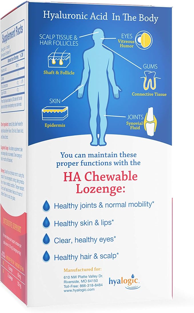 Hyalogic Hyaluronic Acid Chewable Lozenge - Chewable Tablets for Joints, Skin Care & Eyes – Vegan, Sugar-Free and Berry Favored Hyaluronic Acid Supplements (60 Count)
