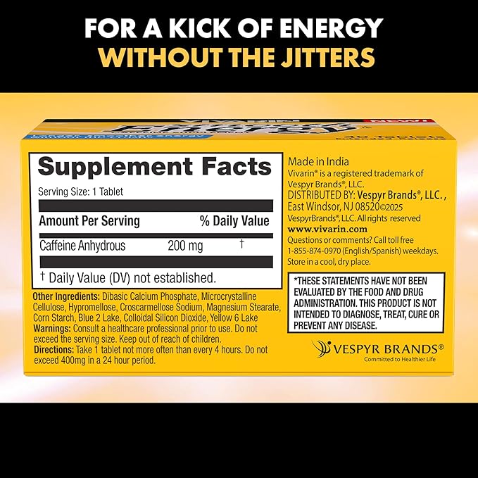 Vivarin Smooth Energy Extended Release Caffeine Tablets, 200mg, Focus, Alertness & Mental Clarity, Non-Habit Forming Energy Supplement, Sugar & Calorie Free, 40 Count