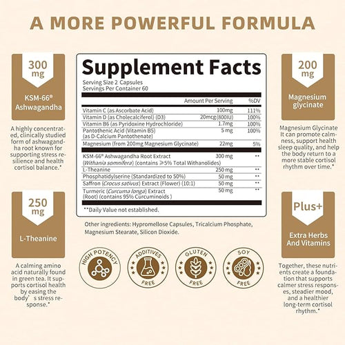 10-IN-1 Cortisol Supplements w/ KSM-66® Ashwagandha 300mg + L-Theanine 250mg, Magnesium Glycinate, Saffron, Phosphatidylserine, Turmeric & Vitamin C D3 B6 B5, For Women Men, 120 Capsules 2 Pack