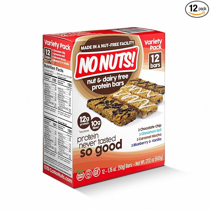 No Nuts! Protein Bar Variety Pack – 12 Count | Nut-Free & School-Safe | Chocolate Chip, Caramel Mocha, Cinnamon Roll & Blueberry Vanilla | Dairy-Free, Vegan, Non-GMO, Organic, Kosher