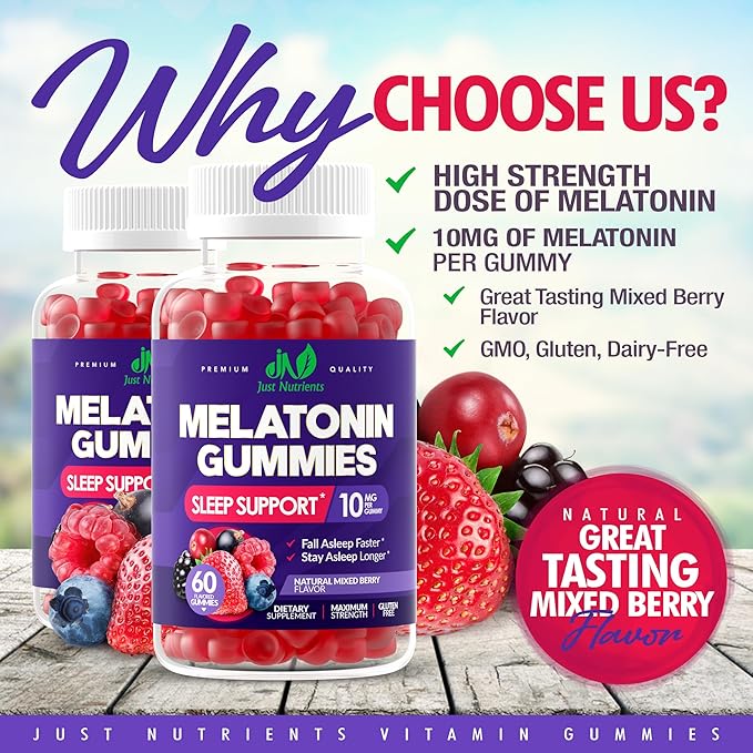 Melatonin 10mg Gummies with 10mg of Melatonin Per Gummy (60 Servings) - Maximum Strength Sleep Support for Adults - Gluten-Free, Non-GMO, Vegetarian, Great Tasting Mixed Berry Flavor - 60 Servings