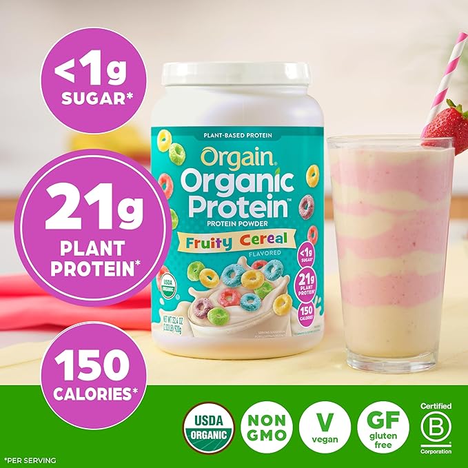 Orgain Organic Vegan Protein Powder, Fruity Cereal - 21g Plant Based Protein, 8g Prebiotic Fiber, Low Net Carb, No Lactose Ingredients, No Added Sugar, Non-GMO, For Shakes & Smoothies, 2.03 lb