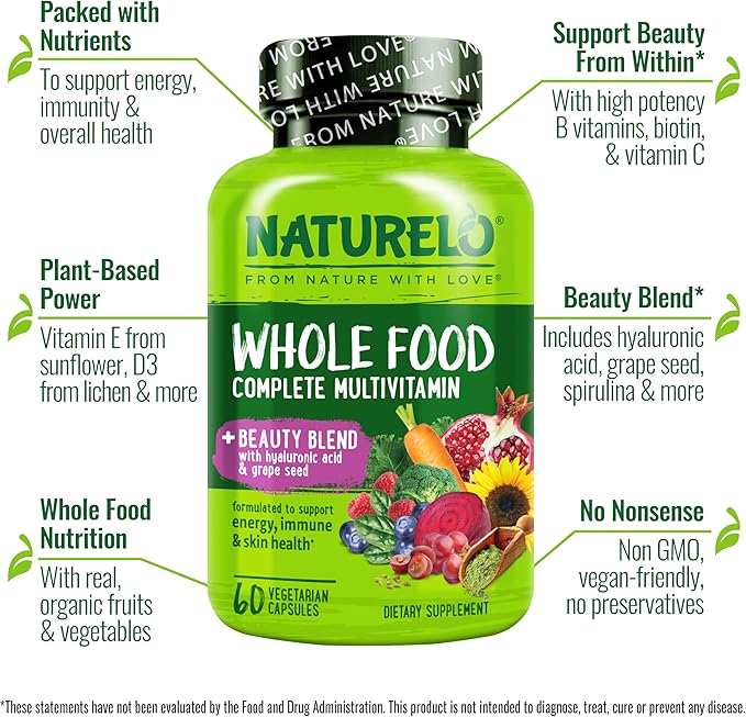 NATURELO Whole Food Multivitamin with Extra Hair, Skin and Nails Support - Beauty Blend with Hyaluronic Acid & Grape Seed - High Potency Biotin, Vitamin C, and Glutathione - 60 Vegan Capsules