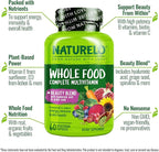NATURELO Whole Food Multivitamin with Extra Hair, Skin and Nails Support - Beauty Blend with Hyaluronic Acid & Grape Seed - High Potency Biotin, Vitamin C, and Glutathione - 60 Vegan Capsules