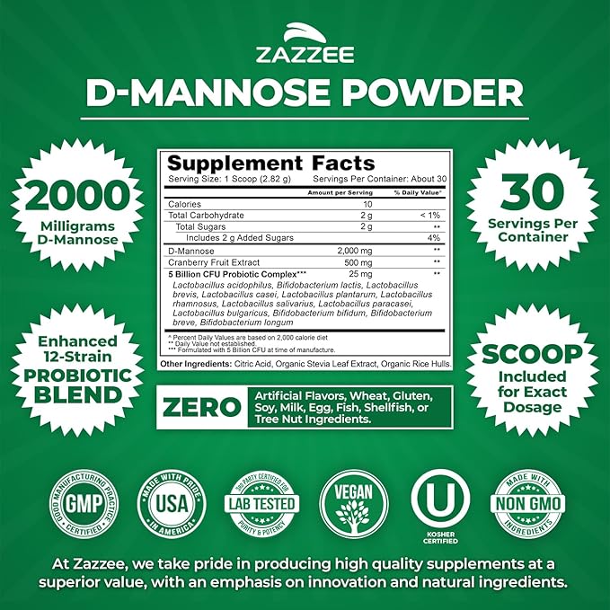Zazzee D-Mannose Powder Plus, 2000 mg, 30 Servings, Plus 5 Billion CFU Probiotics and Pure Cranberry Juice Extract, Certified Kosher, Free Scoop, 2.98 oz, Urinary Tract Support, Non-GMO, All-Natural