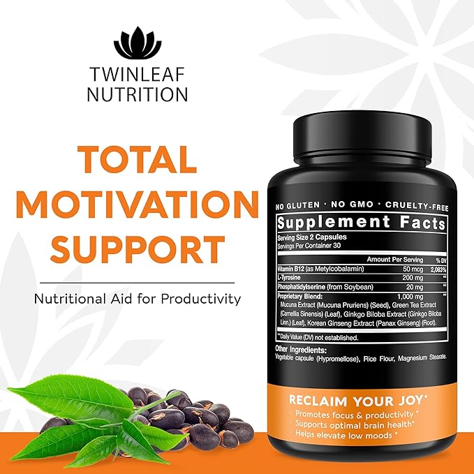 TWINLEAF NUTRITION Dopamine Brain Support Supplement, 1000 mg Blend - Made in USA - with DMAE, Vitamin B12 and L-Tyrosine - Enhance Mental Well-Being - 60 Capsules