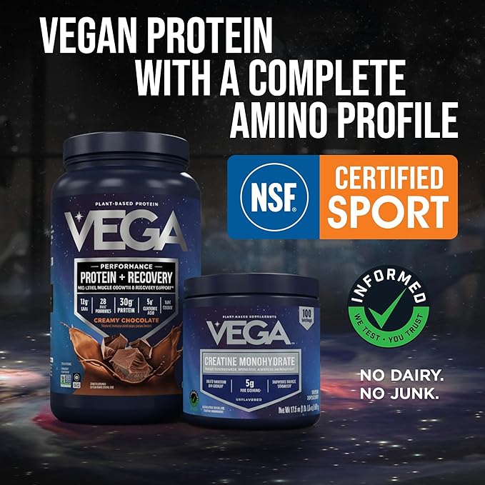 Vega Creatine Monohydrate Powder 17.6oz (100 Servings) Sport Protein & Recovery Chocolate Protein Powder 1.8lbs - Plant-Based Protein and Muscle Support
