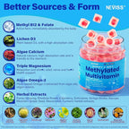 Methylated Multivitamin for Women & Men Gummies w/ Omega-3, Calcium, D3 K2, Methylfolate & B12, TMG, Daily Vitamin A, C, E, B Complex, Magnesium, CoQ10, Probiotic for Overall Health- Vegan, Sugar Free