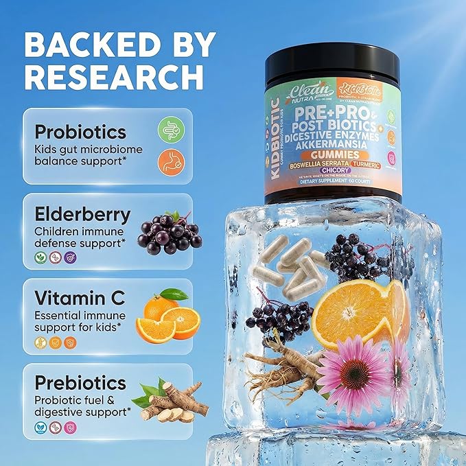 Clean Nutra Kids Probiotics Gummies with Prebiotics, Postbiotics, Digestive Enzymes, Akkermansia, Boswellia Serrata, Turmeric, Chicory – 60 Count – Plant-Based Supplement for Kids – PeachPop Flavor