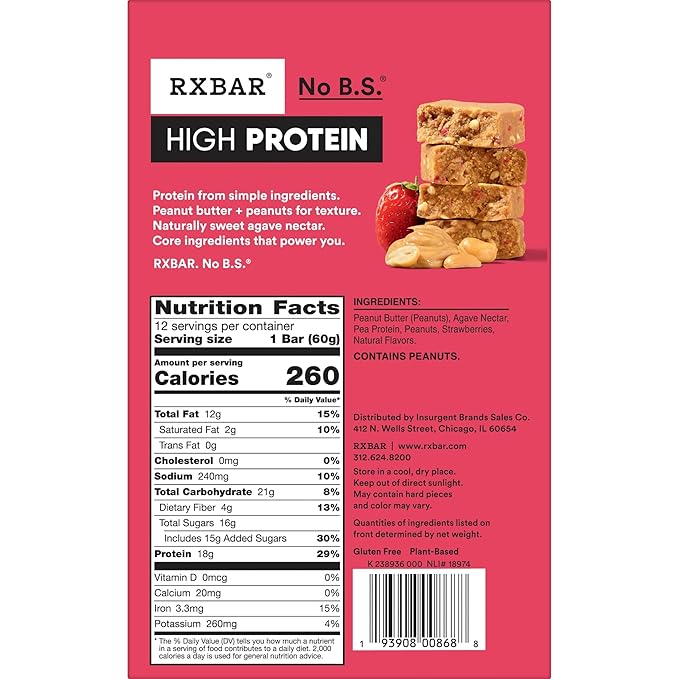 RXBAR High Protein Bars, Gluten Free, Protein Snacks, Strawberry Peanut Butter, 25.3oz Box (12 Bars)