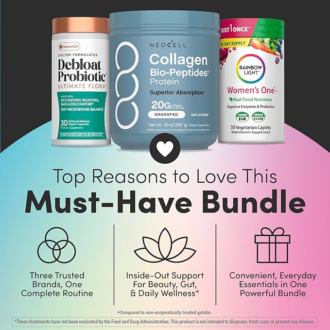 NeoCell Women’s Debloat Beauty & Balance Bundle | 3-in-1 Bundle Pack Collagen Bio-Peptides Protein | Debloat Probiotic | Women’s One + Multivitamin