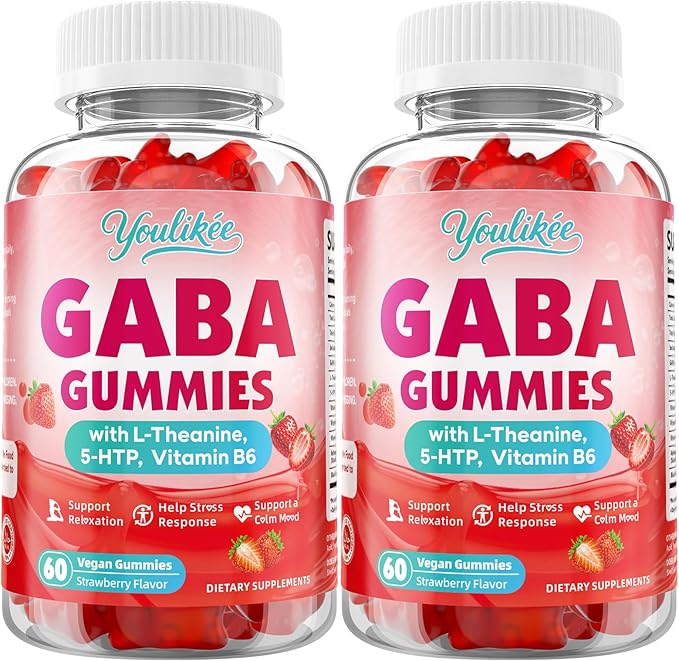 2 Pack GABA Gummies 500mg with L-Theanine, 5-HTP, Vitamins B6, B12, D3 and Ashwagandha, Melatonin-Free, GABA Supplements for Adult, Sugar-Free, Strawberry Flavor, 120 Count