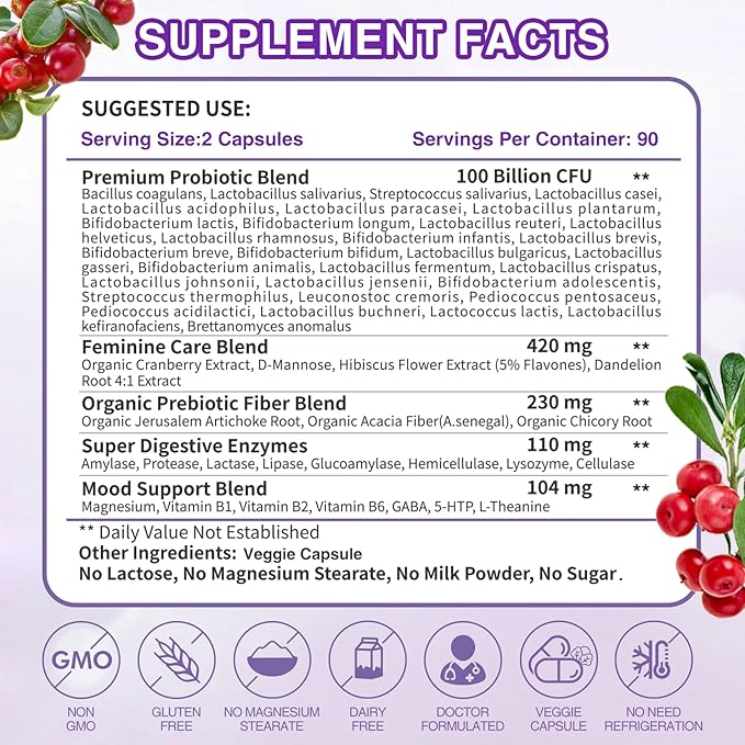 ZEBORA Probiotics for Women Digestive Health with Enzymes, Prebiotics, Vaginal Probiotics, D Mannose & Cranberry, 100 Billion CFUs Probiotic for Gut Health & Urinary Tract Balance, 180 Veggie Capsules