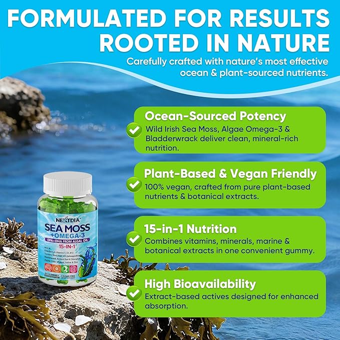 2 Pack Sea Moss Gummies for Men Women, Vegan 15-IN-1 Irish Seamoss Superfood with/Bladderwrack & Burdock Root, Turmeric, Elderberry, Vitamins B12 D3, EPA DHA, Sugar-Free, Support Energy, Brain, Immune