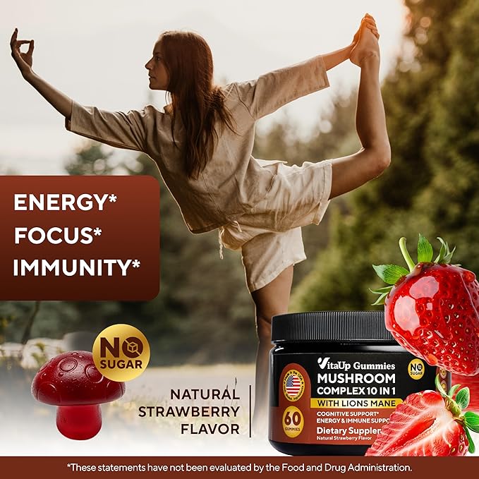 VitaUp Mushroom Supplement - USA Made 10 in 1 Mushroom Gummies - Mushroom Complex with Lions Mane, Cordyceps, Turkey Tail, Reishi, Shiitake for Cognitive & Immune Support - 60 Count