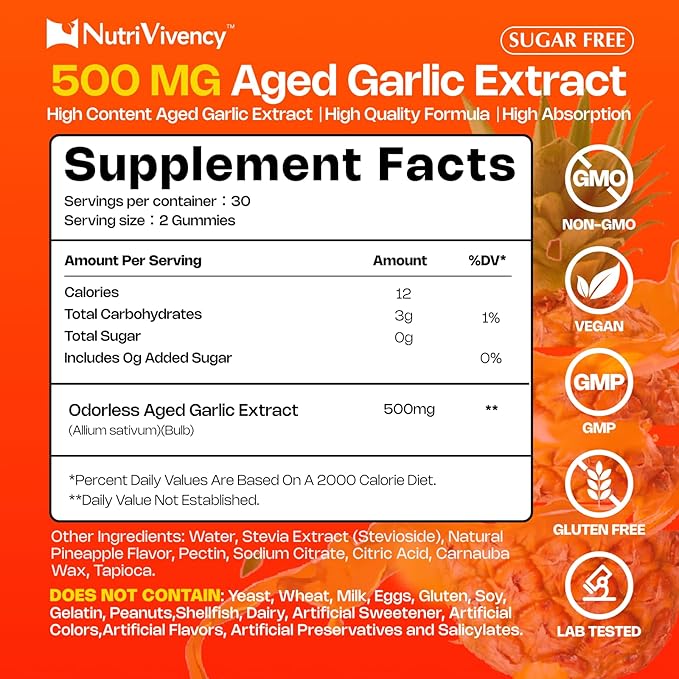 Aged Garlic Extract Gummies, 500mg Odorless Aged Garlic Supplements, Sugar Free, Vegan, Non-GMO, Pineapple Flavor, 60 Gummies