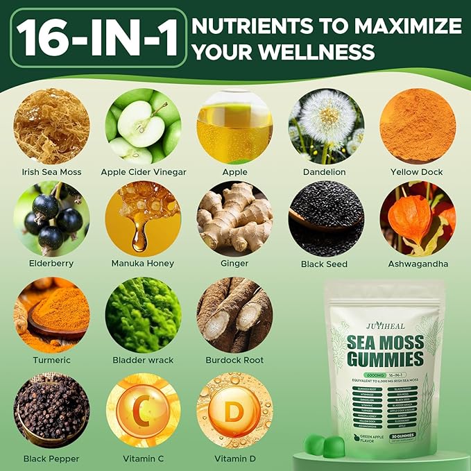 16 in 1 Sea Moss Gummies with Ashwagandha Black Seed Oil Bladder Wrack Turmeric Vitamin C & D3 with Manuka Burdock Root, Irish Sea Moss Gummies for Women & Men, Vegan Green Apple