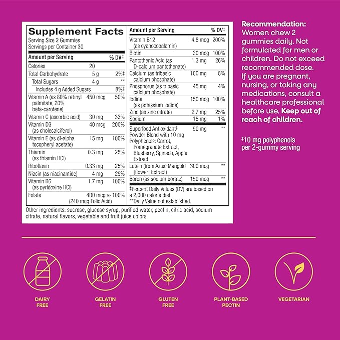 Nature’s Way Alive! Women’s 50 Plus Multivitamin Gummy, Daily Chewable Multivitamins with B-Vitamins, Vitamin D3, Calcium, Supports Heart, Brain & Bone Health,* Mixed Berry Flavored, 60 Count
