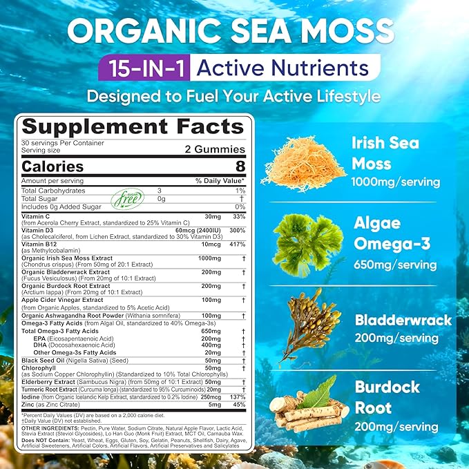 Sea Moss Gummies + Algae Omega-3 for Men Women, Sugar-Free Vegan 15-IN-1 Irish Seamoss Superfood with/EPA DHA, Vitamins B12 D3, Turmeric, Elderberry, Burdock Root, Support Energy, Brain, Immune 1 Pack