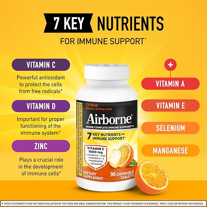 Airborne Vitamin C 1000mg (per Serving) - Citrus Chewable Tablets (96 Count in a Box) - Packaging May Vary