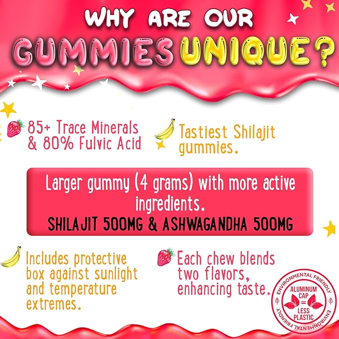 OH MY CHEWY Pure Himalayan Shilajit Gummies - High Potency Gold Grade Resin - Energy Boost and Immune Support for Men and Women with Ashwagandha and Shatavari - 120 Gummy - Strawberry & Banana