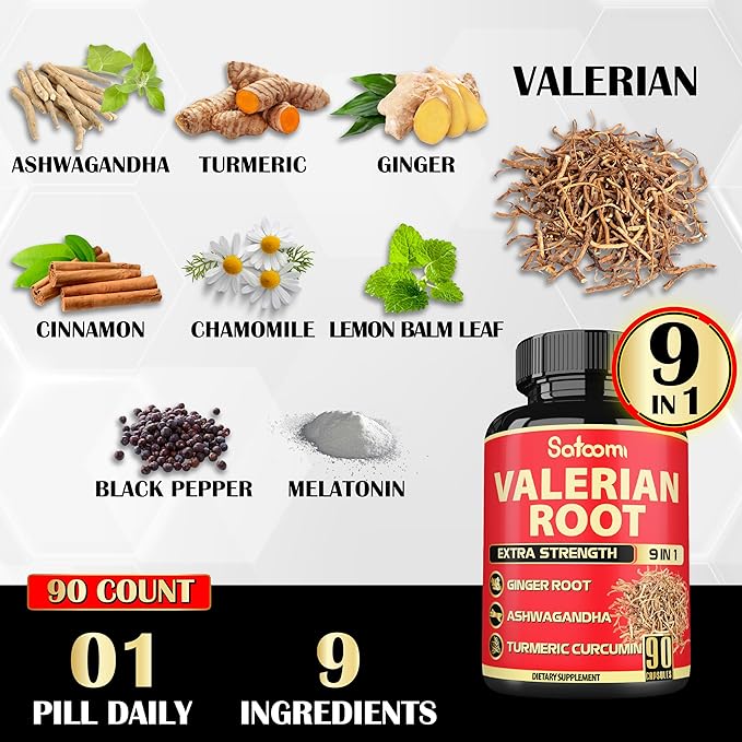 Satoomi Valerian Root Capsules - 9 Natural Herbs - Ashwagandha, Turmeric, Ginger, Ceylon Cinnamon - 90 Caps for 3-Month Supply