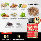 Satoomi Valerian Root Capsules - 9 Natural Herbs - Ashwagandha, Turmeric, Ginger, Ceylon Cinnamon - 90 Caps for 3-Month Supply