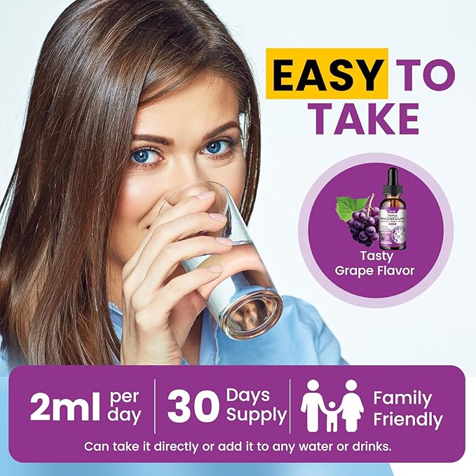 Liquid Magnesium Glycinate Supplement 1000mg, Calm Magnesium Citrate, Taurate Drops with Omega 3, Zinc, Ashwagandha, L-Theanine, Chamomile for Sleep, Mood, Stress Relief, Bone, Muscle, Grape Flavor