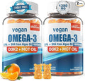 Vegan Omega 3 Gummies 1280mg + Vitamin D3 K2 (MK7), Omega 3 Fish Oil Alternative for Adults, w/Algae EPA 600mg & DHA 400mg, MCT Oil - No Fish Taste - for Brain, Eye, Immune Health, Sugar Free, 2 Pack