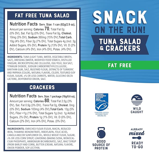 Bumble Bee Snack On The Run! Protein Snack Pack - 8g Protein per Box - Fat Free Tuna Salad with Crackers Kit - Ready to Eat Easy-Open Can - Wild Caught MSC-Certified Tuna (Pack of 1)
