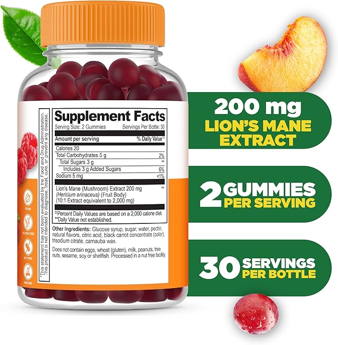 Lifeable Lions Mane Gummies for Adults | Great Tasting Lions Mane Mushroom Extract | Vegan, Kosher, Non-GMO Mushroom Gummies | Brain Support Supplement | 60 Count