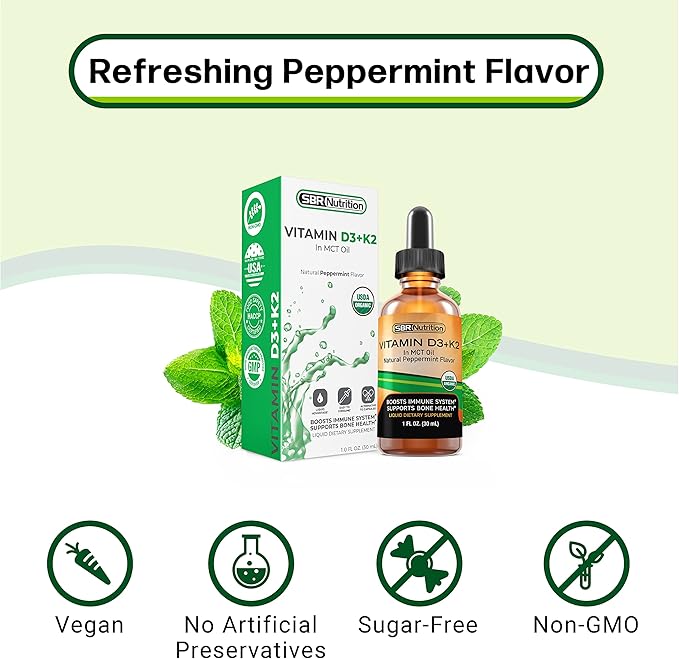 SBR Nutrition MAX Absorption, Vitamin D3 + K2 (MK-7) Liquid Drops with MCT Oil, Peppermint Flavor, Helps Support Strong Bones and Healthy Heart
