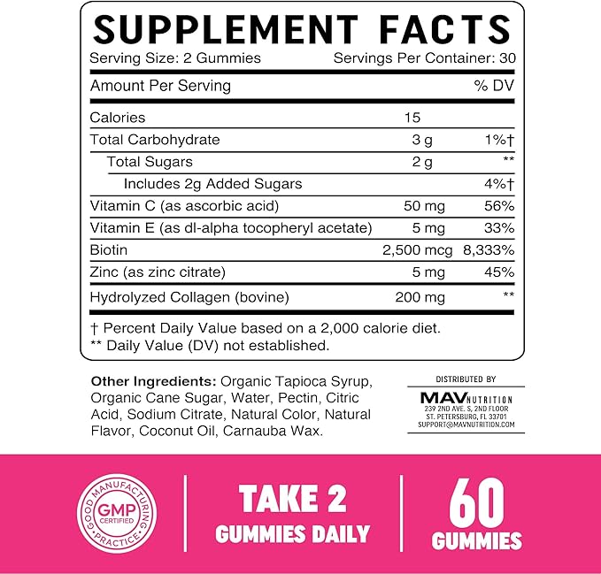 Collagen Gummies for Women | 200mg Hydrolyzed Collagen + 2500mcg Biotin, With Vitamin C, E & Zinc | Anti Aging, Hair Growth, Skin, Strong Nails | Non-GMO Gummy Vitamin Supplements | 60 Count