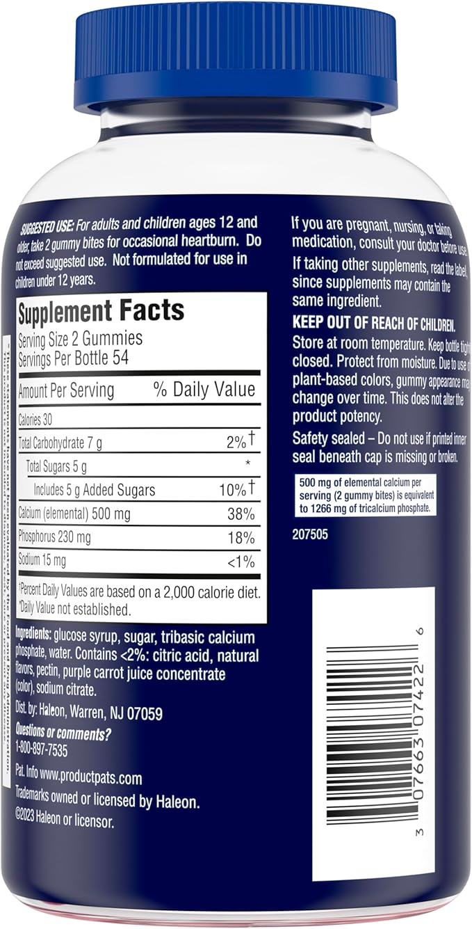 TUMS Gummy Bites Dietary Supplement for Occasional Heartburn Relief, Upset Stomach and Acid Indigestion, Great for a Summer BBQ - Cherry Berry Burst - 108 Count (Pack of 2)