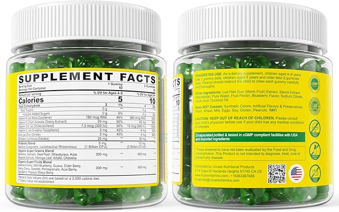 Kids Super Greens Gummies, Superfood Multivitamin for Kids, 20+ Veggie, Fruit, Vitamin, Mineral, Probiotic, Kids Vitamin Gummies for Growth, Immunity, Digestion, Picky Eater Approved, Sugar Free 2Pack