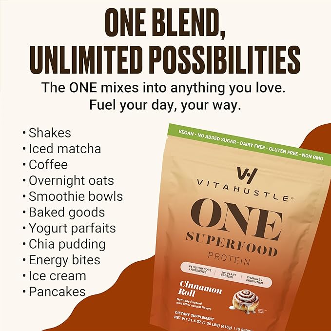 VitaHustle ONE Vegan Cinnamon Roll Protein Powder - 20g Plant Protein Meal Replacement with 86+ Superfoods & Greens, Probiotics + No Bloat Digestive Blend - Dairy Free, Gluten Free (15 Servings)