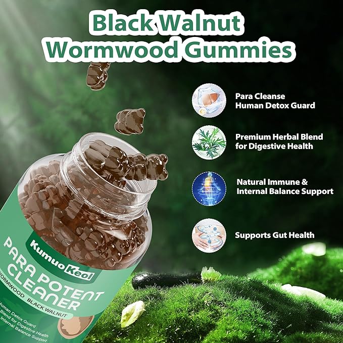 Black Walnut Wormwood Detox Gummies - Organic Herbal Extract with Pumpkin Seeds, Oregano Oil for Gut Health, Supports Digestive & Microbial Balance, Non-GMO & Gluten Free Supplements - 60 Count