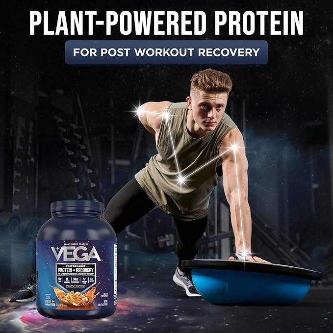 Vega Sport Vegan Protein Powder + Recovery - 30g Plant Based Protein per Serving, Peanut Butter, 45 Servings, 5g BCAAs, Probiotics, NSF Certified, for Shakes & Smoothies, 4.2lbs (Packaging May Vary)