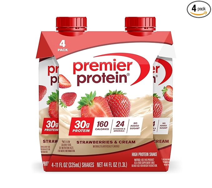 Premier Protein Shake, Strawberries & Cream, 30g Protein, No Added Sugar, 24 Vitamins & Minerals to Support Immune Health, 11 fl oz, 4 Pack