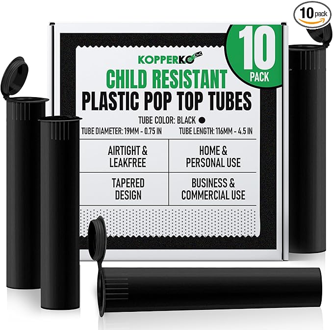 Kopperko Mini Pill Bottle (116mm, 4.6 Inch 10-Pack) | Child Resistant Plastic Tube Containers | Small Storage Tubes for Spices | Airtight, UV Resistant & Waterproof (Black Plastic)