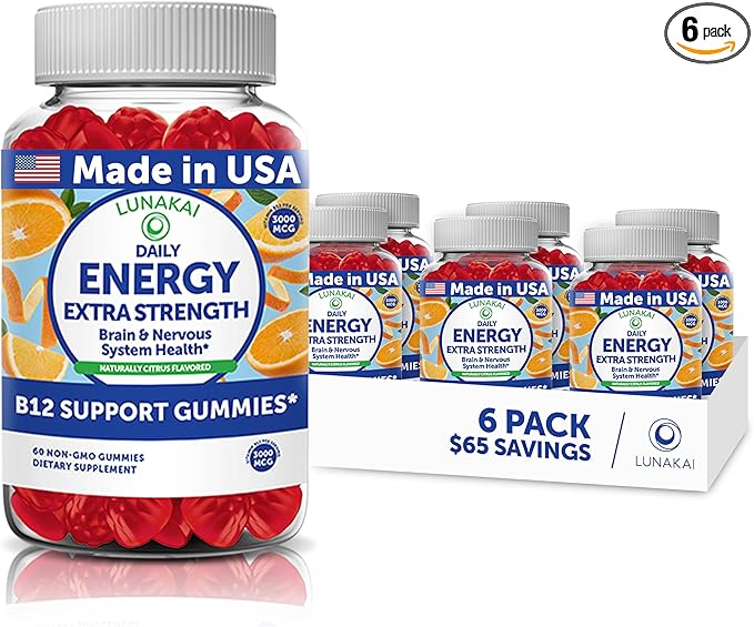 Lunakai USA Made Vegan Energy Gummies – Daily Energy Supplements – 3000mcg Vitamin B12 Gummies for Women & Men – for Home or On‑The‑Go Use - 6 Pack