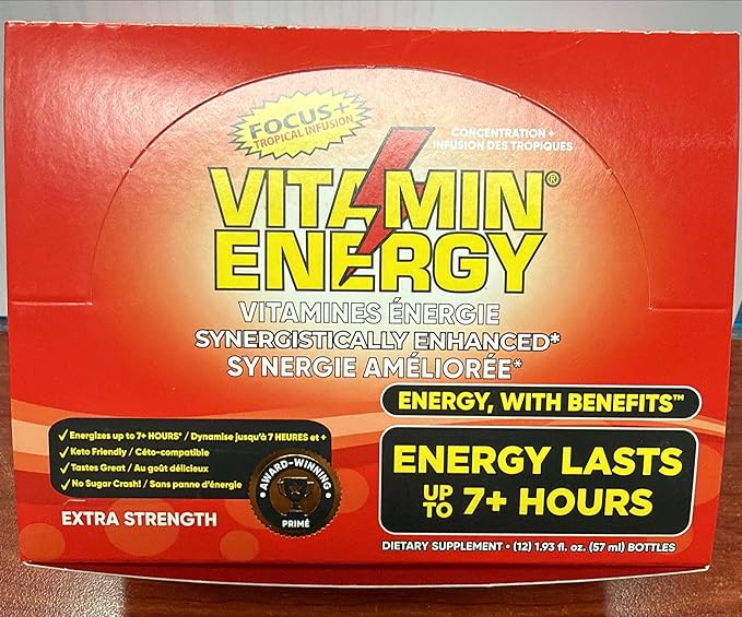 Vitamin Energy Focus+ Extra Strength Energy Shot Tropical Infusion 12 Pack, 260mg Natural Caffeine, B-Vitamins, CoQ10, Amino Acids, Focus, Productivity & Clarity, Zero Sugar, Gluten-Free, 1.93 fl oz