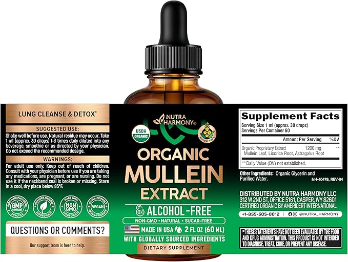 Mullein Drops for Lungs - USDA Organic Liquid - Mullein Leaf Extract Supplement - Made in USA - Lung & Bronchial Cleanse for Smokers - Respiratory Health Support - As Tincture, Tea, Pills - 2 fl oz