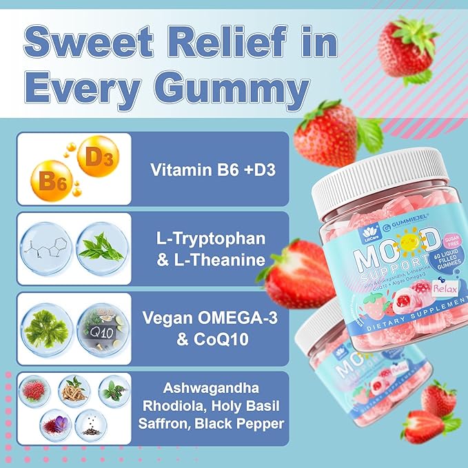 Ashwagandha Saffron Calm Gummies + Omega 3, L-Theanine & CoQ10 for Women Men, Natural Calming Happy Relax Gummies for Adults, Mood Support Supplement Gummy, Strawberry Flavor, Sugar Free, Vegan, 60ct