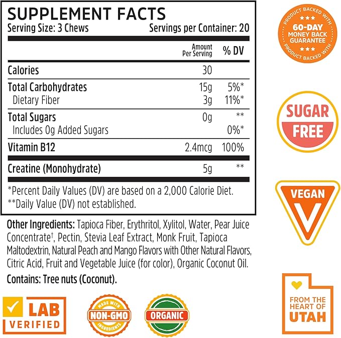 ZHOU Creatine Chews - Creatine Monohydrate Gummies for Men & Women with Vitamin B12, Sugar Free, Vegan, Organic, Non GMO, 5g Per Serving - Peach Mango Flavor, 20 Servings, 60 Chews