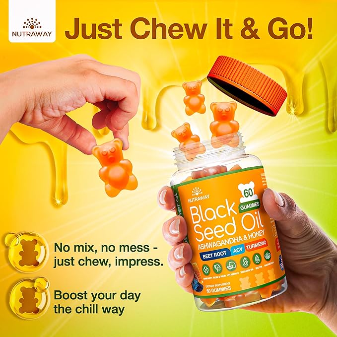 Black Seed Oil Gummies – Black Cumin Seed Oil, Ashwagandha, ACV, Biotin, Turmeric, Beet Root, Pomegranate, Vitamins C & B6 – Clean-Label Multivitamin Gummies for Adults & Kids
