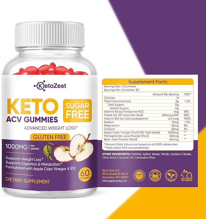Keto Acv Gummies for Advanced Weight Loss & Belly Fat Burn - Pro Active Super Apple Cider Vinegar Gummies - Rapid Fat Burner Diet Supplement for Women Men - Sugar Free & Gluten Free (1000MG)
