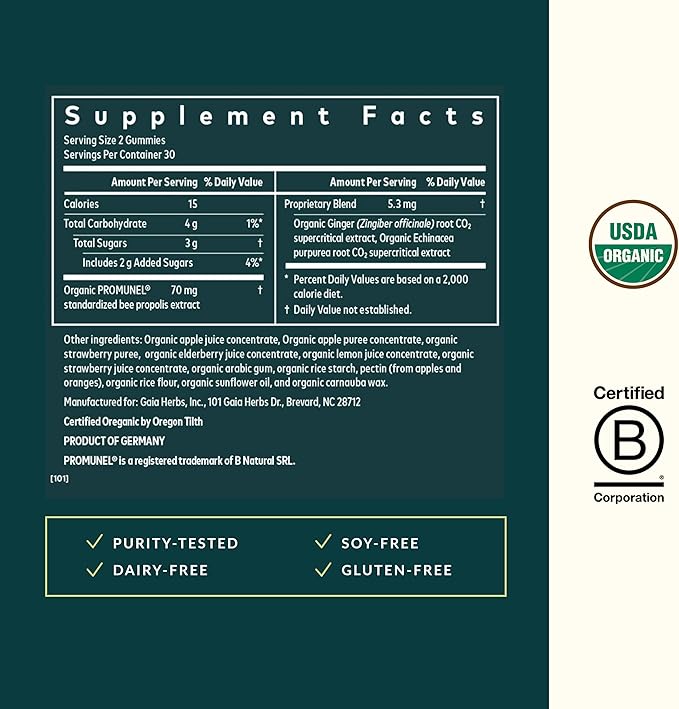 Gaia Herbs Rapid Defense Gummies - Supports Immune Health* - with Propolis, Ginger & Echinacea - USDA Organic - 60 Vegetarian Gummies (30 Servings)
